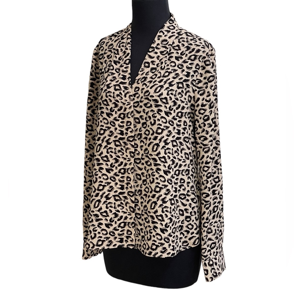 Halogen Leopard Cheetah Long Sleeve Tunic Top Blouse Sz S V Neck Collarless